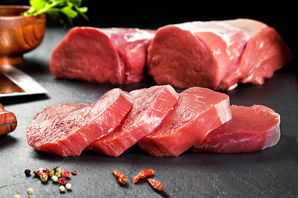 Fresh and raw meat.